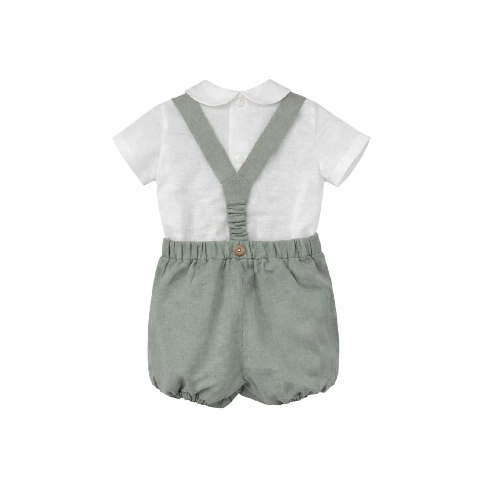 Conjunto blusa e calção de linho verde militar com alça da Niseret
