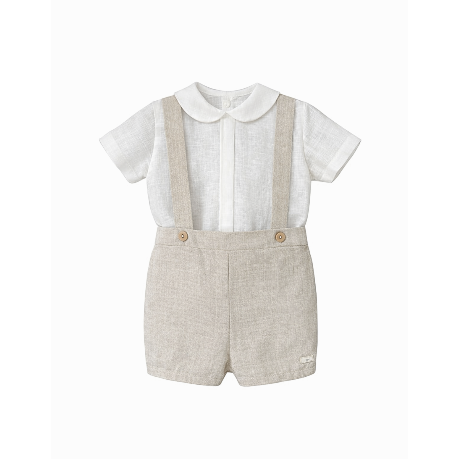 Conjunto blusa pérola com prega e calção bege com alça em linho da Niseret