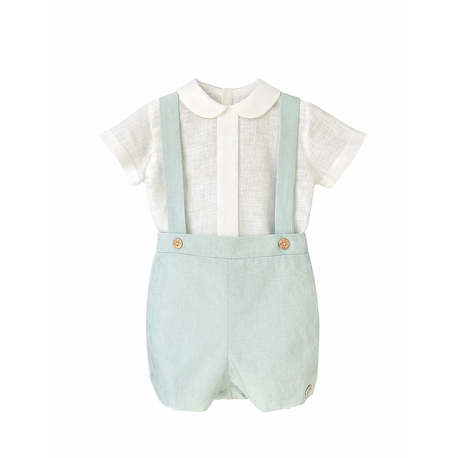 Conjunto blusa pérola com prega e calção verde com alça em linho da Niseret