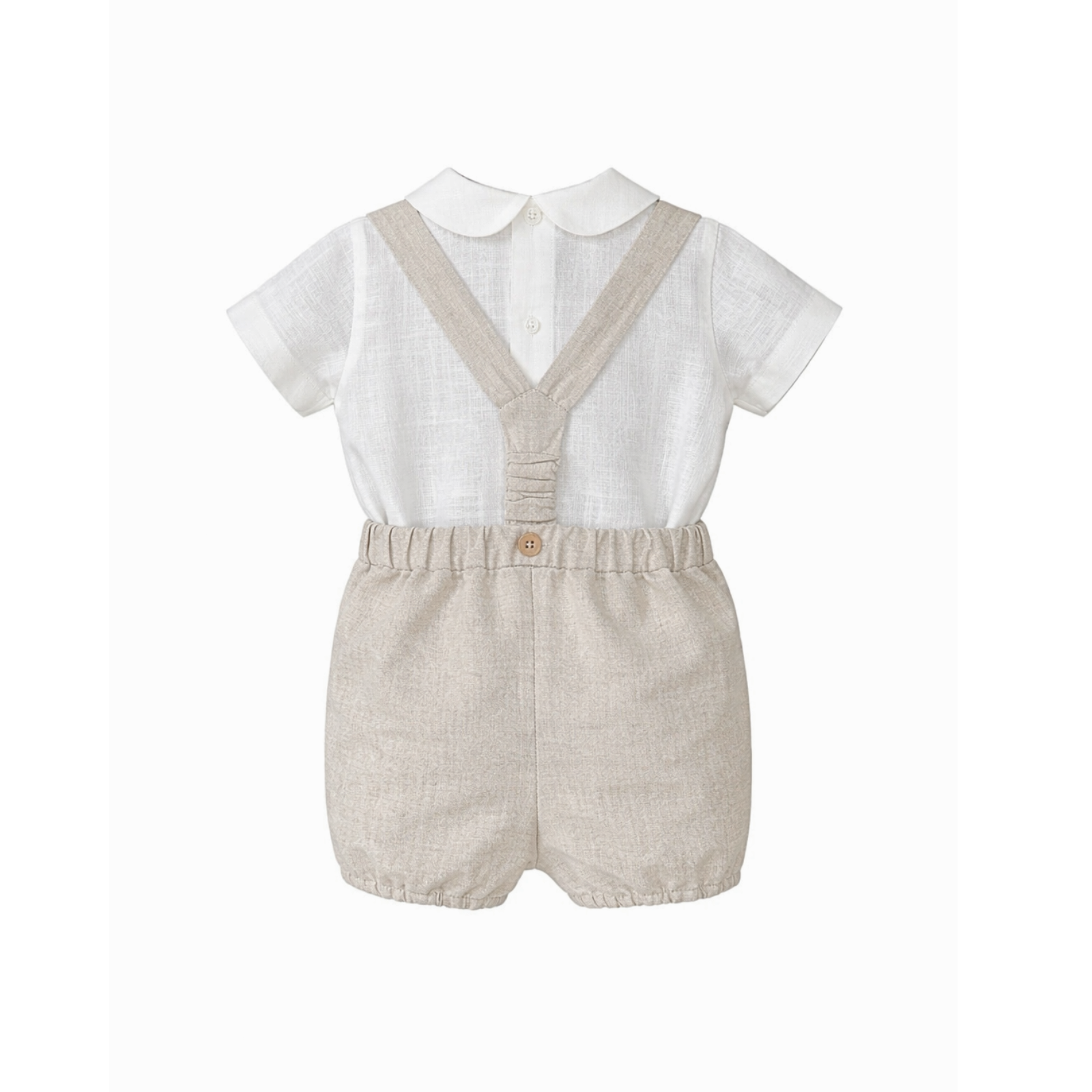Conjunto blusa pérola com prega e calção bege com alça em linho da Niseret