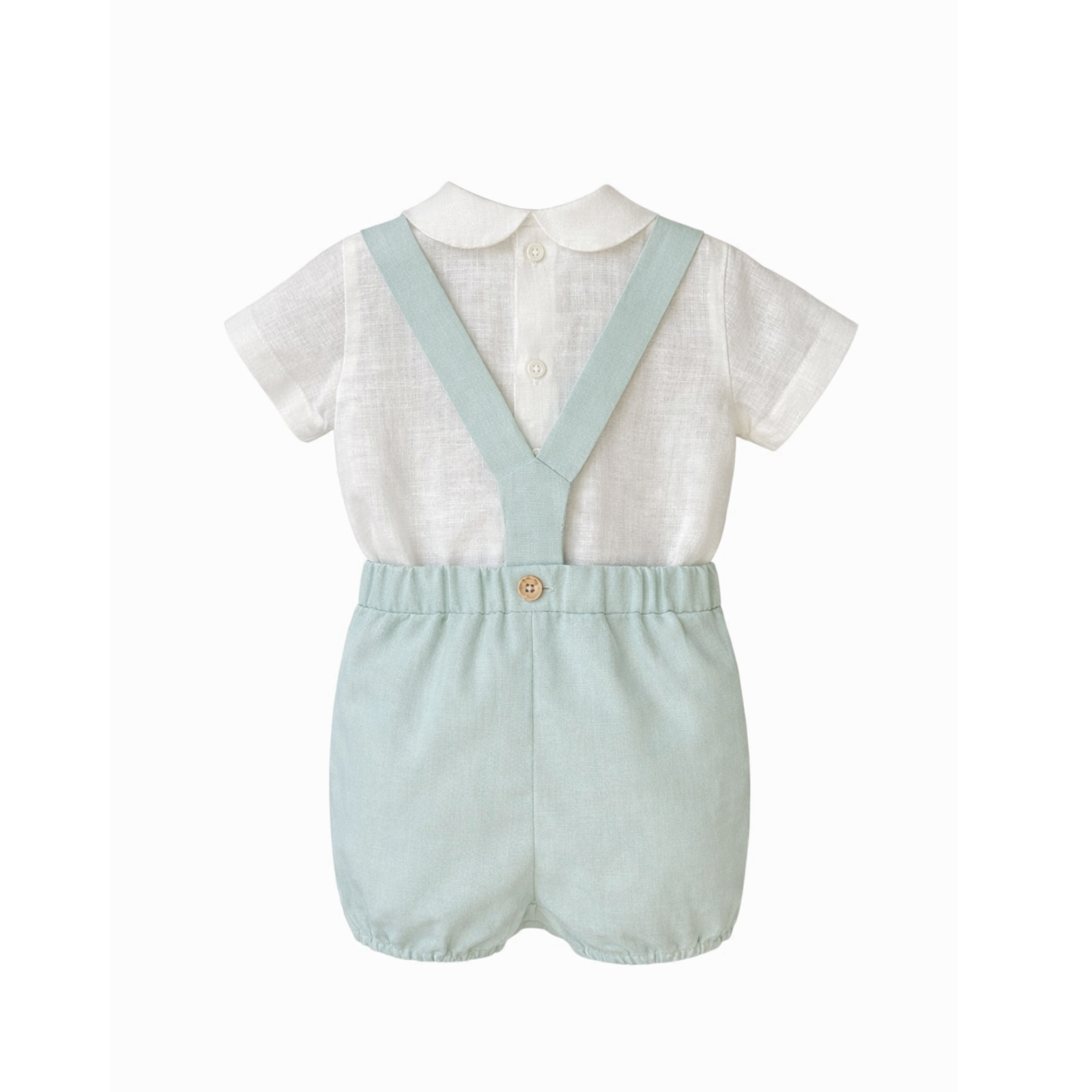 Conjunto blusa pérola com prega e calção verde água com alça em linho da Niseret