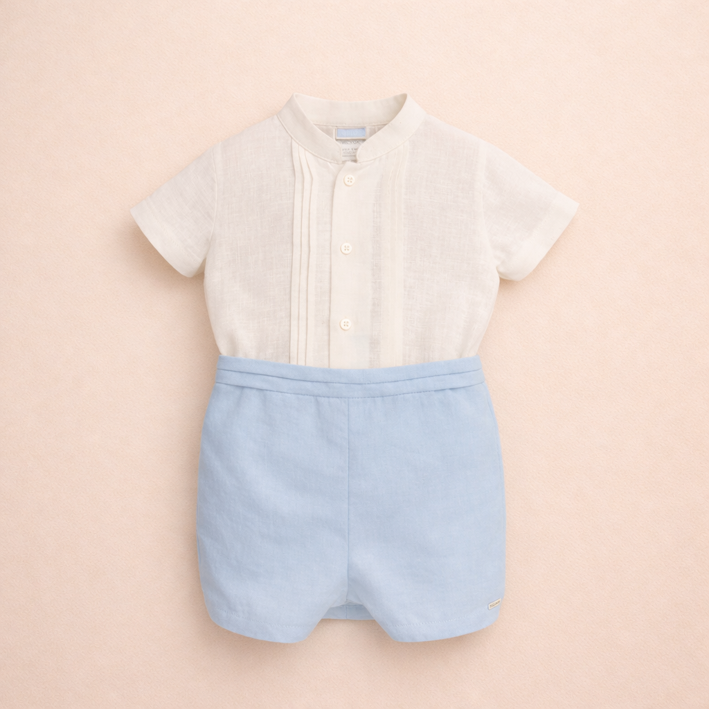 Conjunto camisa e calção em linho azul para cerimonia da Niseret