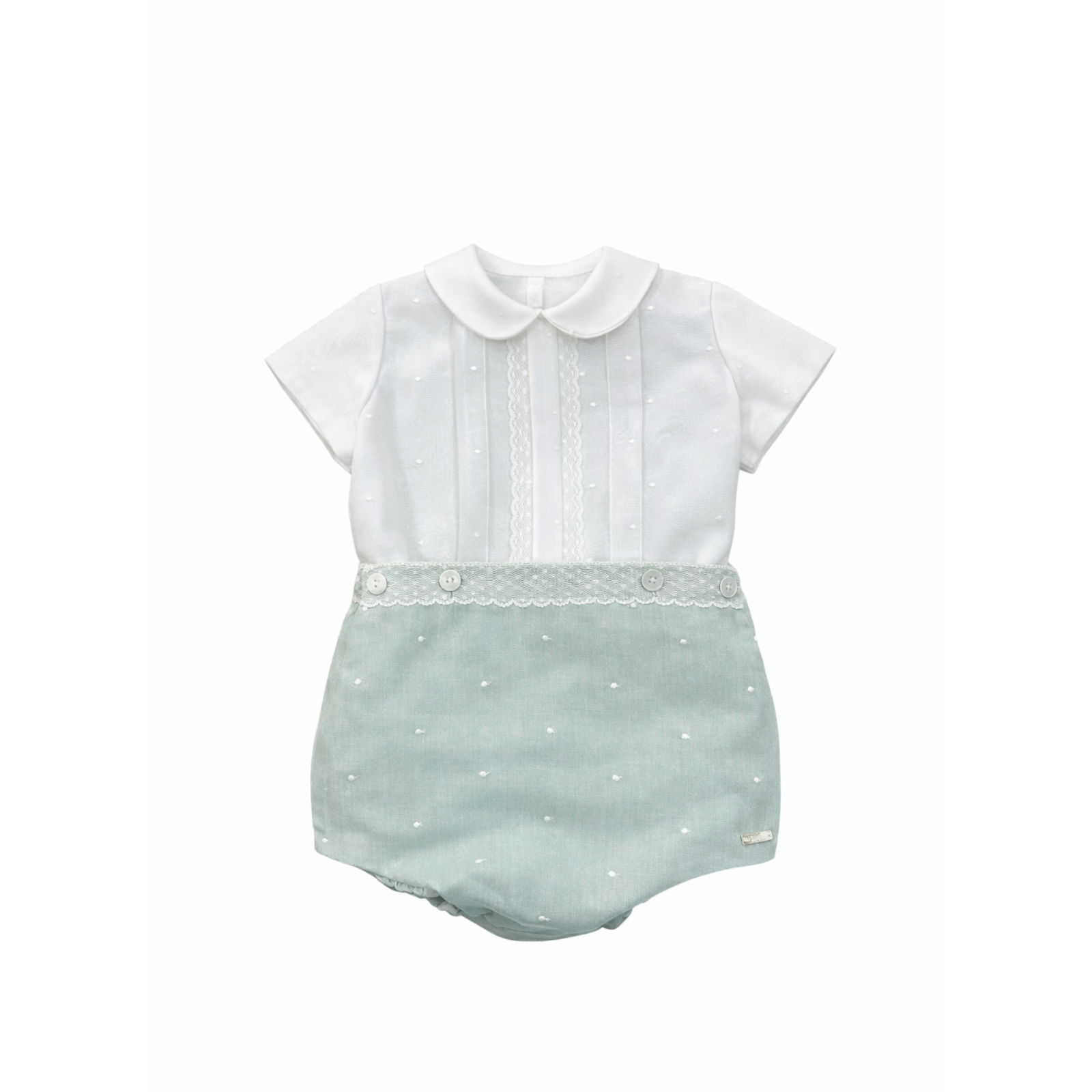 Conjunto blusa e calção verde cerimónia com pontinhos e rendas da Niseret