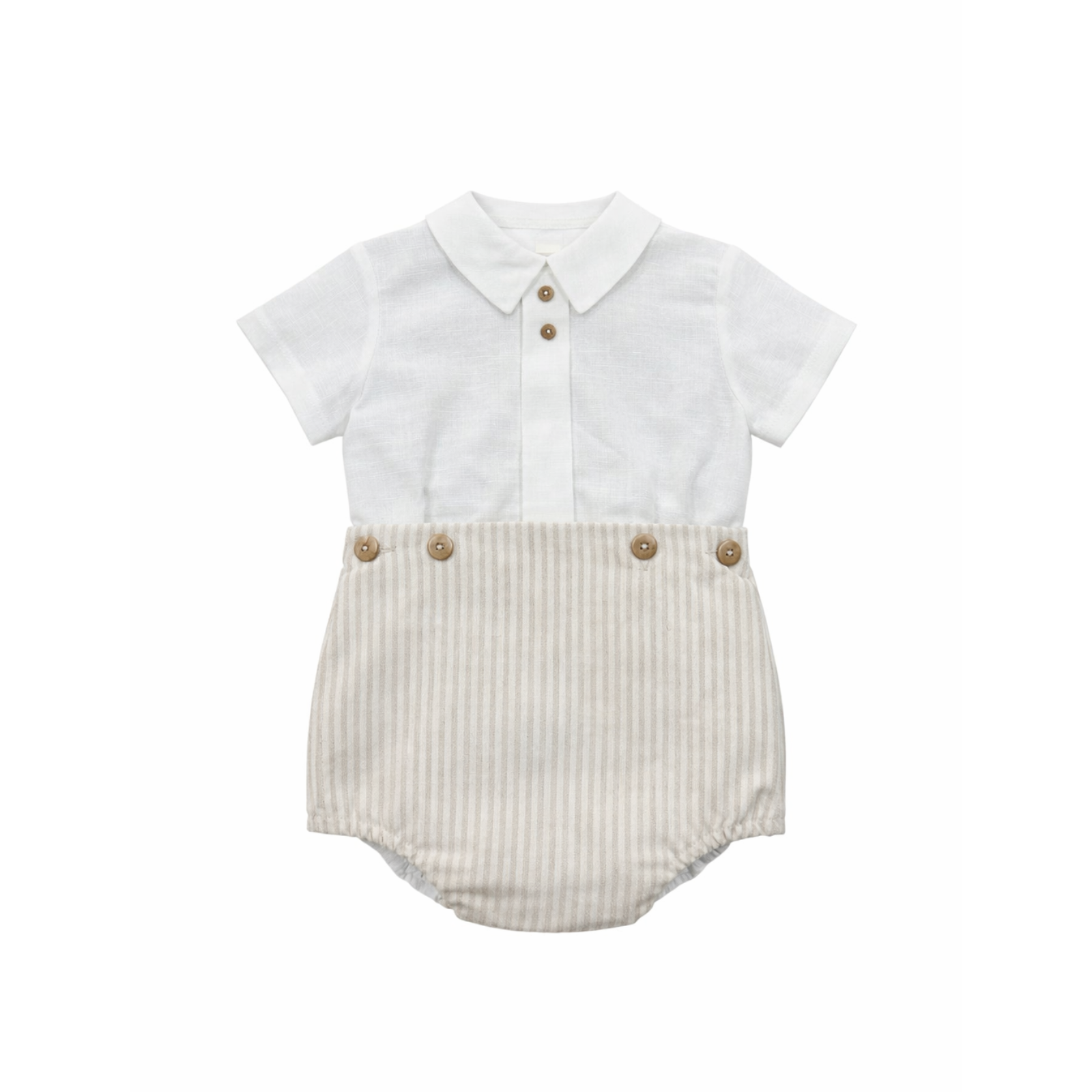 Conjunto blusa e calção bombacho com riscas bege em linho da Niseret