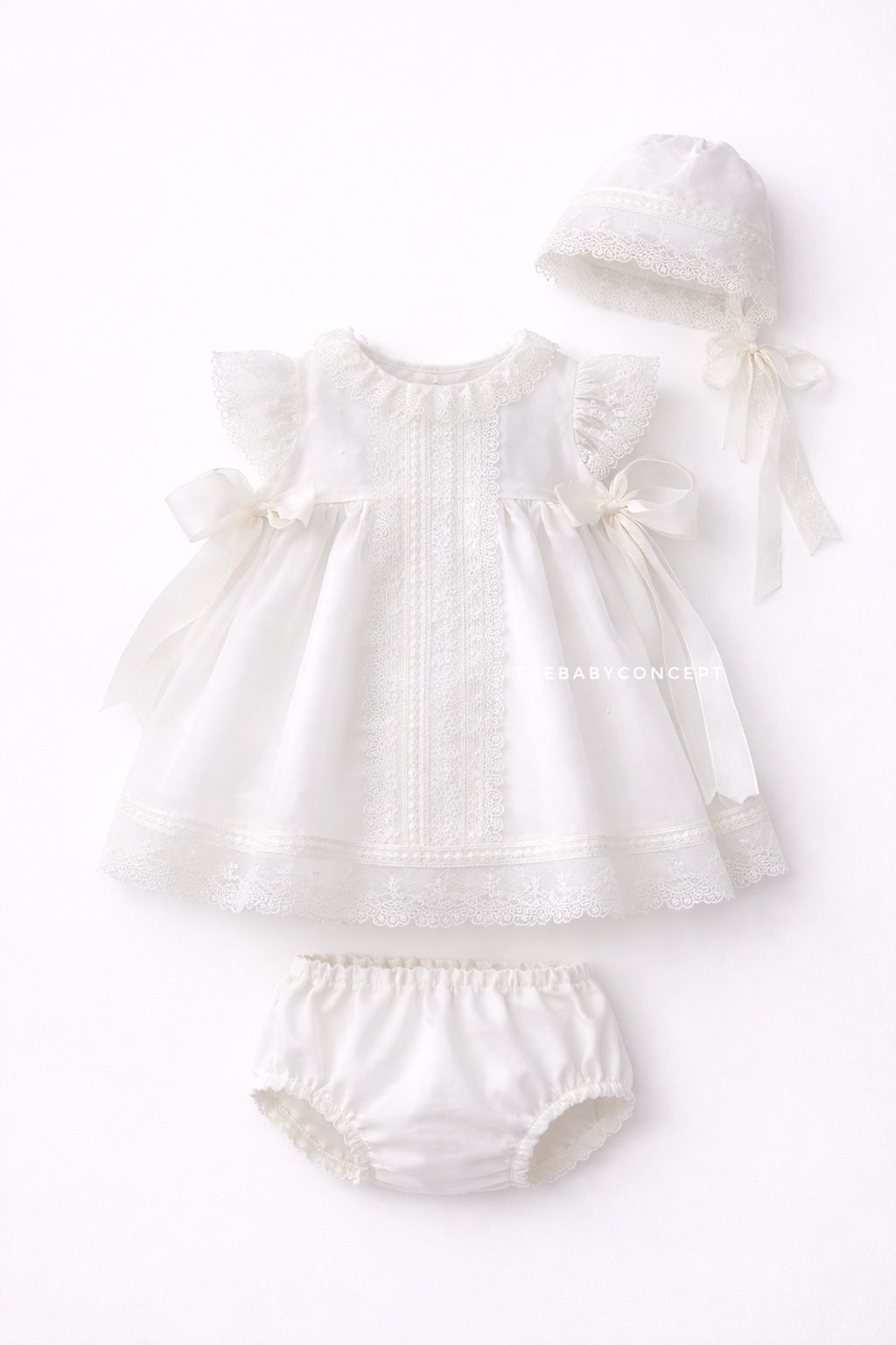 Vestido pérola com tapa fraldas e touca de cerimonia com renda e pontinhos da Niseret