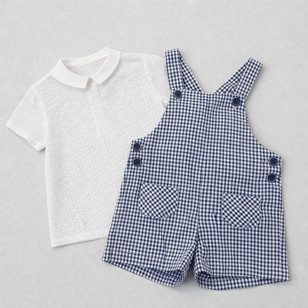 Conjunto camisa de manga curta branca e calção de peito vichy azul da Fina Ejerique "NAVY"