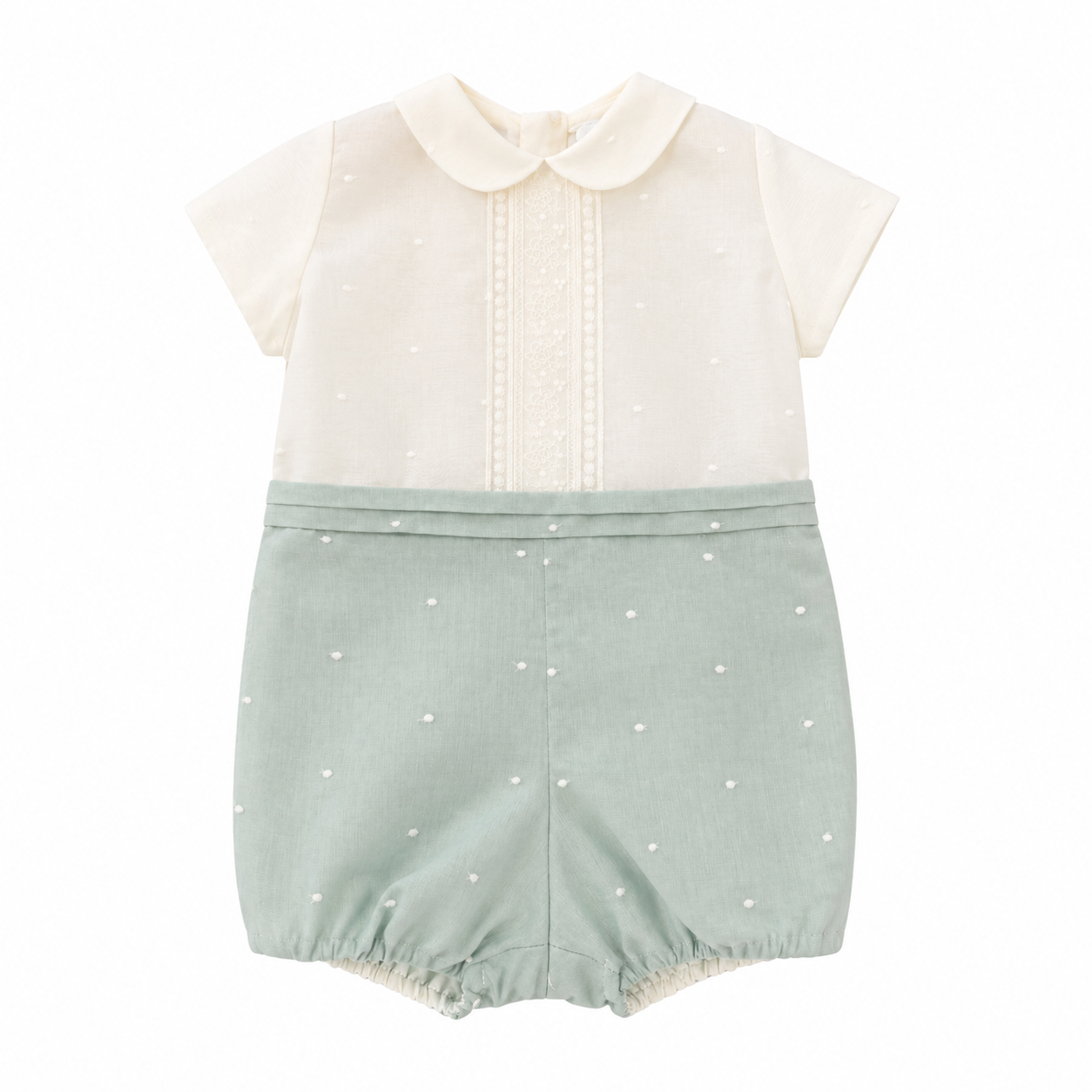 Conjunto de cerimónia blusa pérola e calção verde água com pontinhos da Niseret