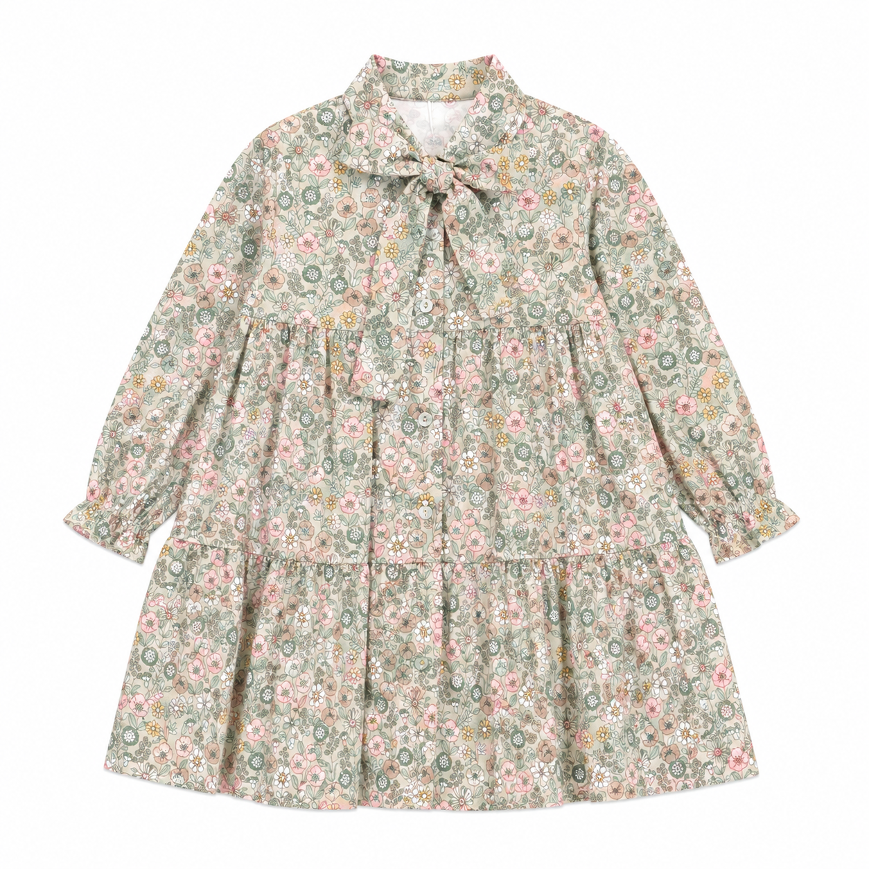 Vestido bege com estampa floral, babados e laço no pescoço da Fina Ejerique "Jade oak"