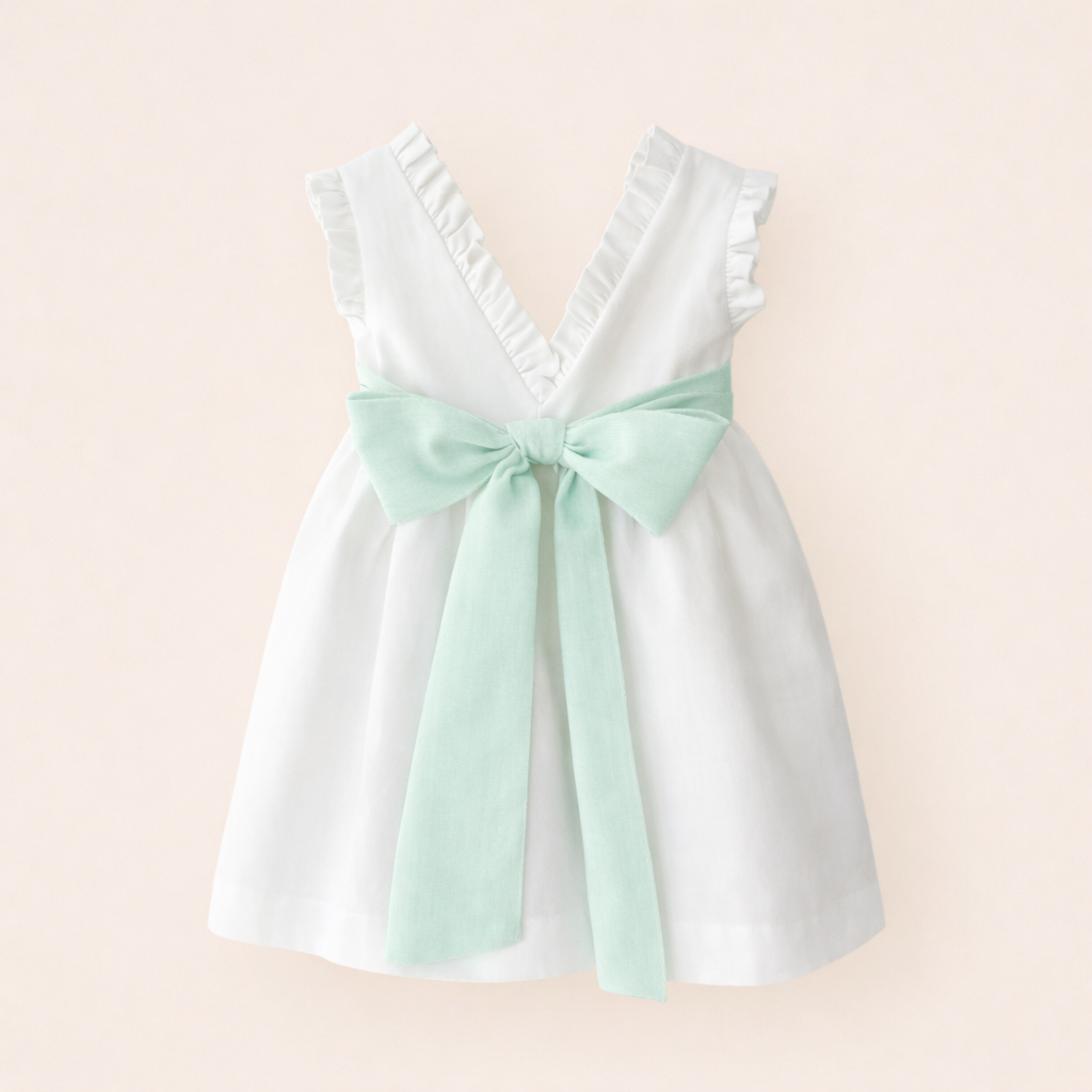 Vestido em linho pérola com faixa verde água da Niseret