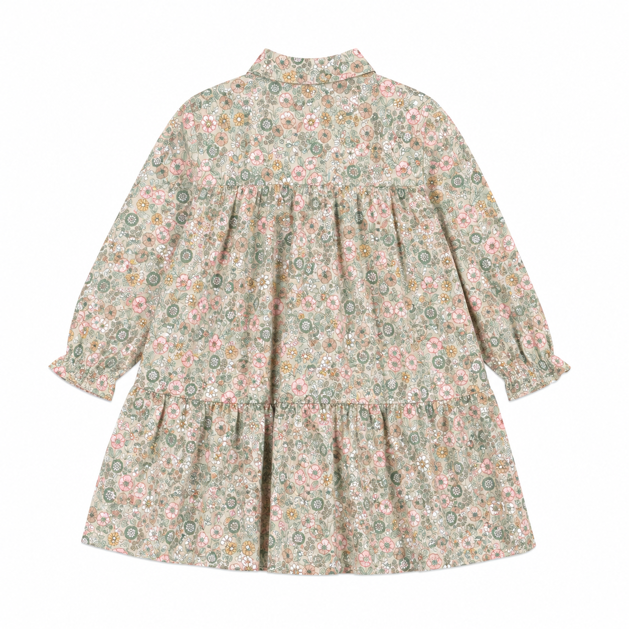 Vestido bege com estampa floral, babados e laço no pescoço da Fina Ejerique "Jade oak"
