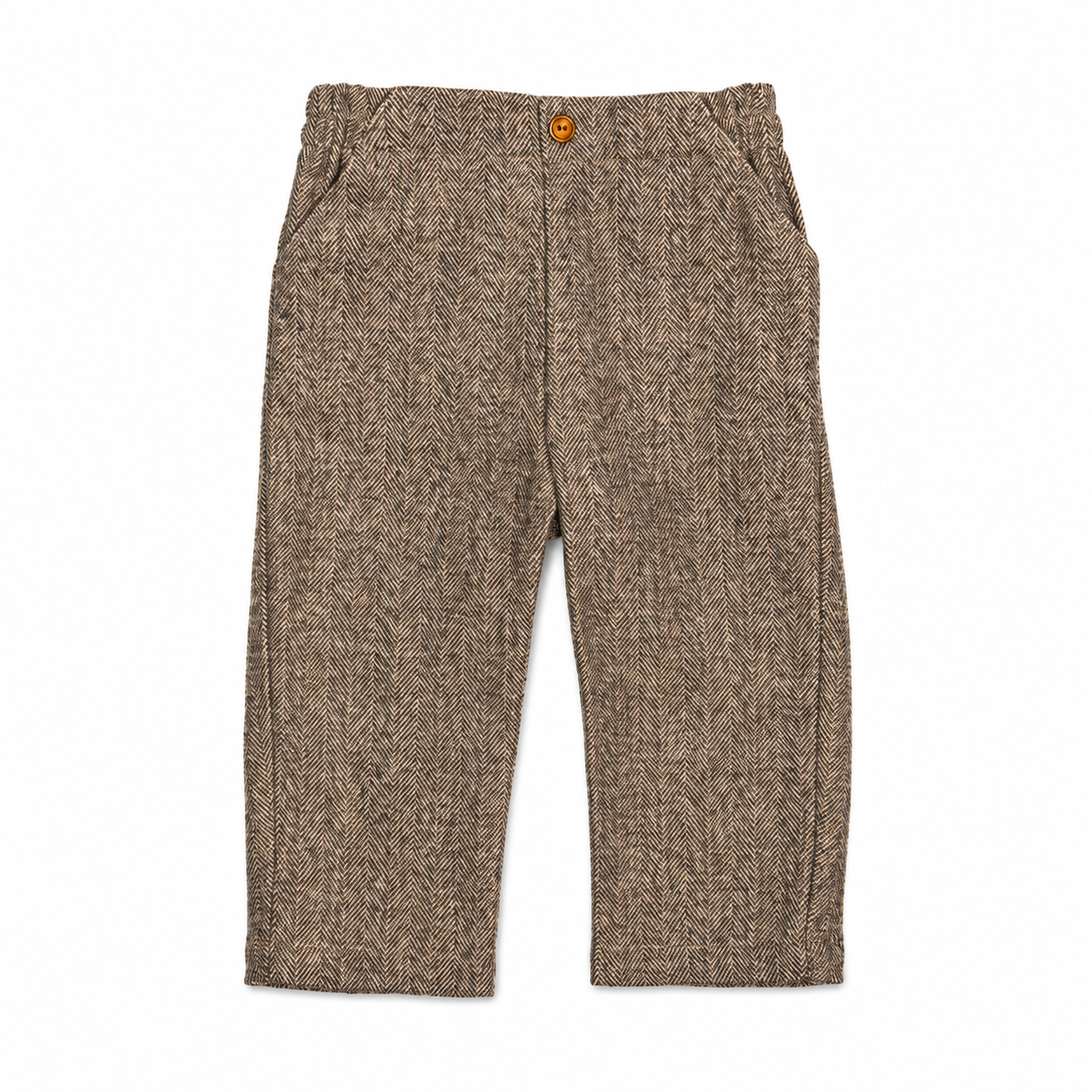 Conjunto menino camisa bege e calça castanha em espiga da Fina Ejerique "Jade oak"