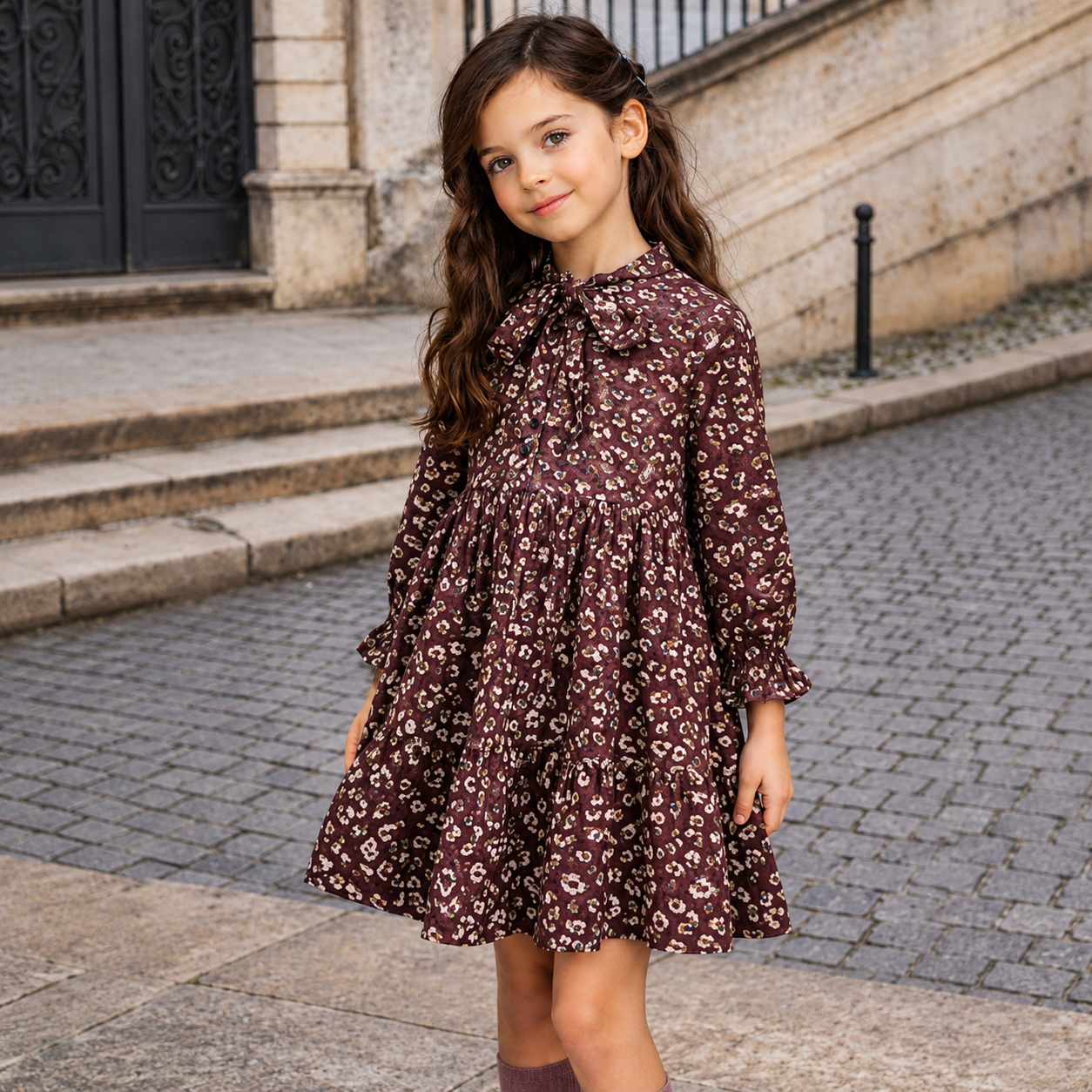 Vestido bordô estampado com laço no pescoço para menina da Fina Ejerique "Burgundy"