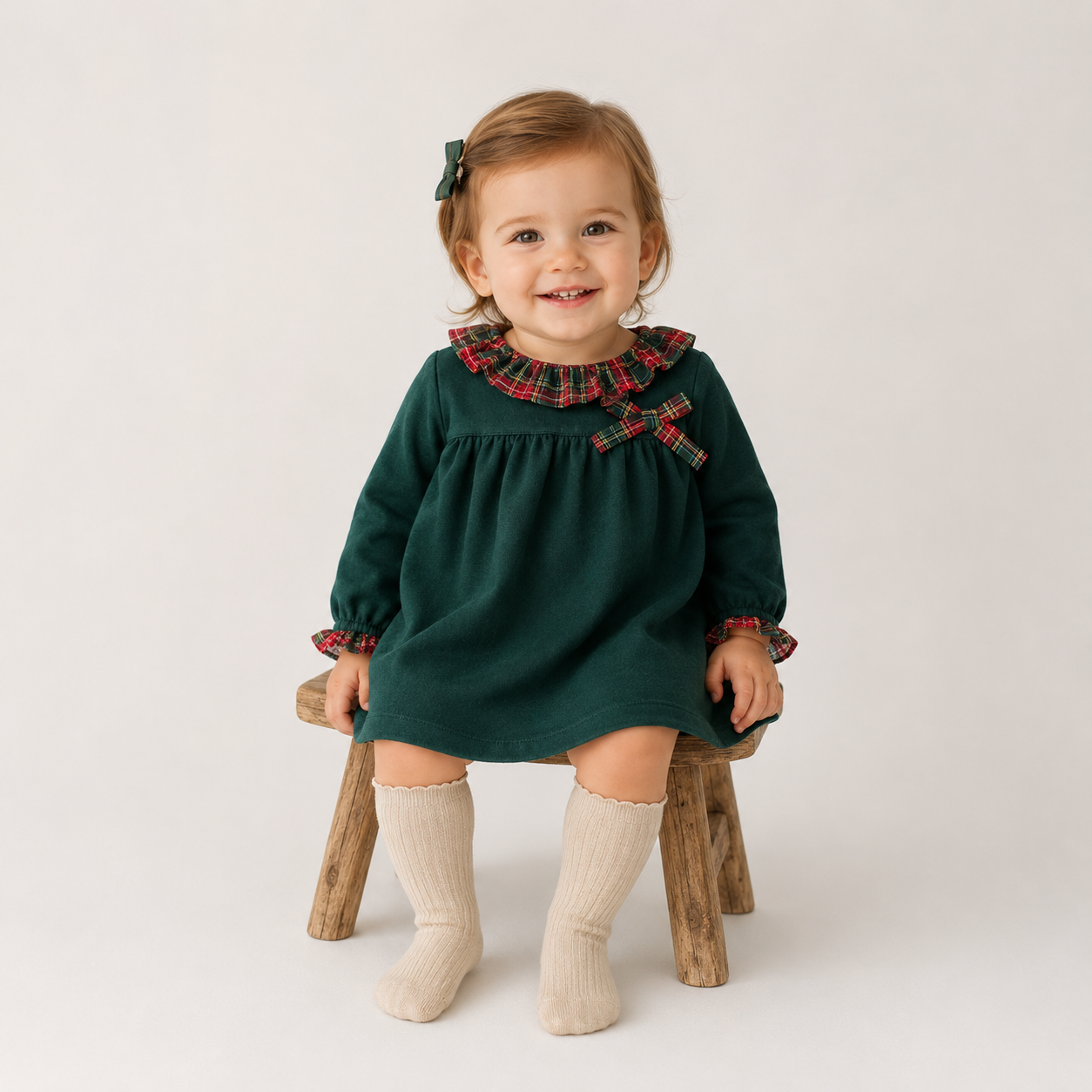 Vestido verde com gola xadrez para bebé menina da Fina Ejerique