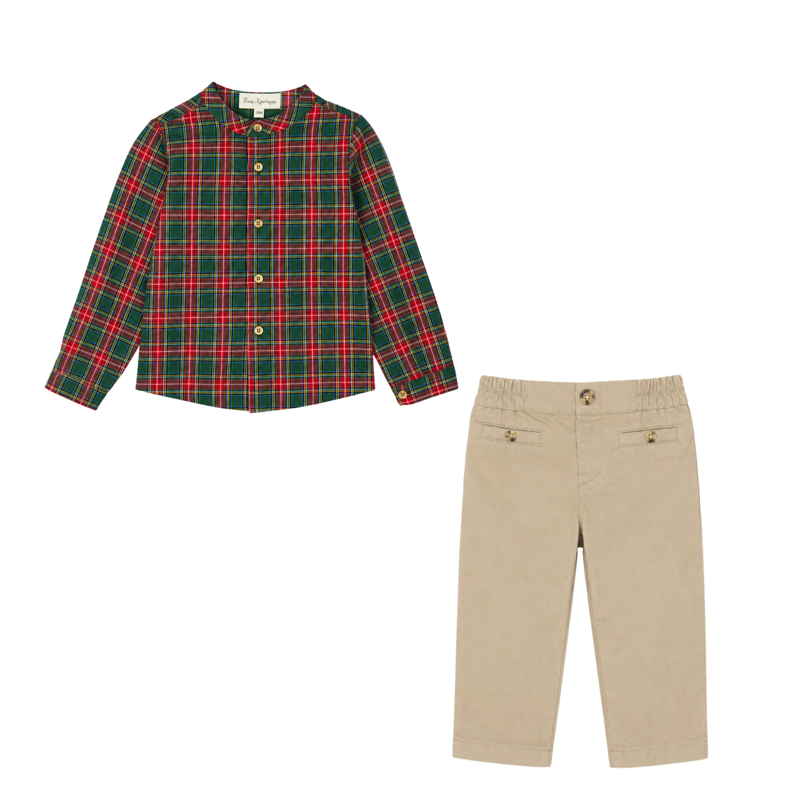 Conjunto camisa verde xadrez e calça castanha menino da Fina Ejerique