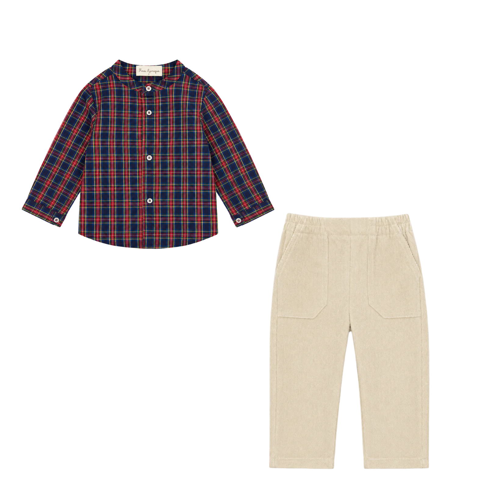 Conjunto camisa xadrez vermelha e azul-marinho calça bege menino da Fina Ejerique "CHRISTMAS"