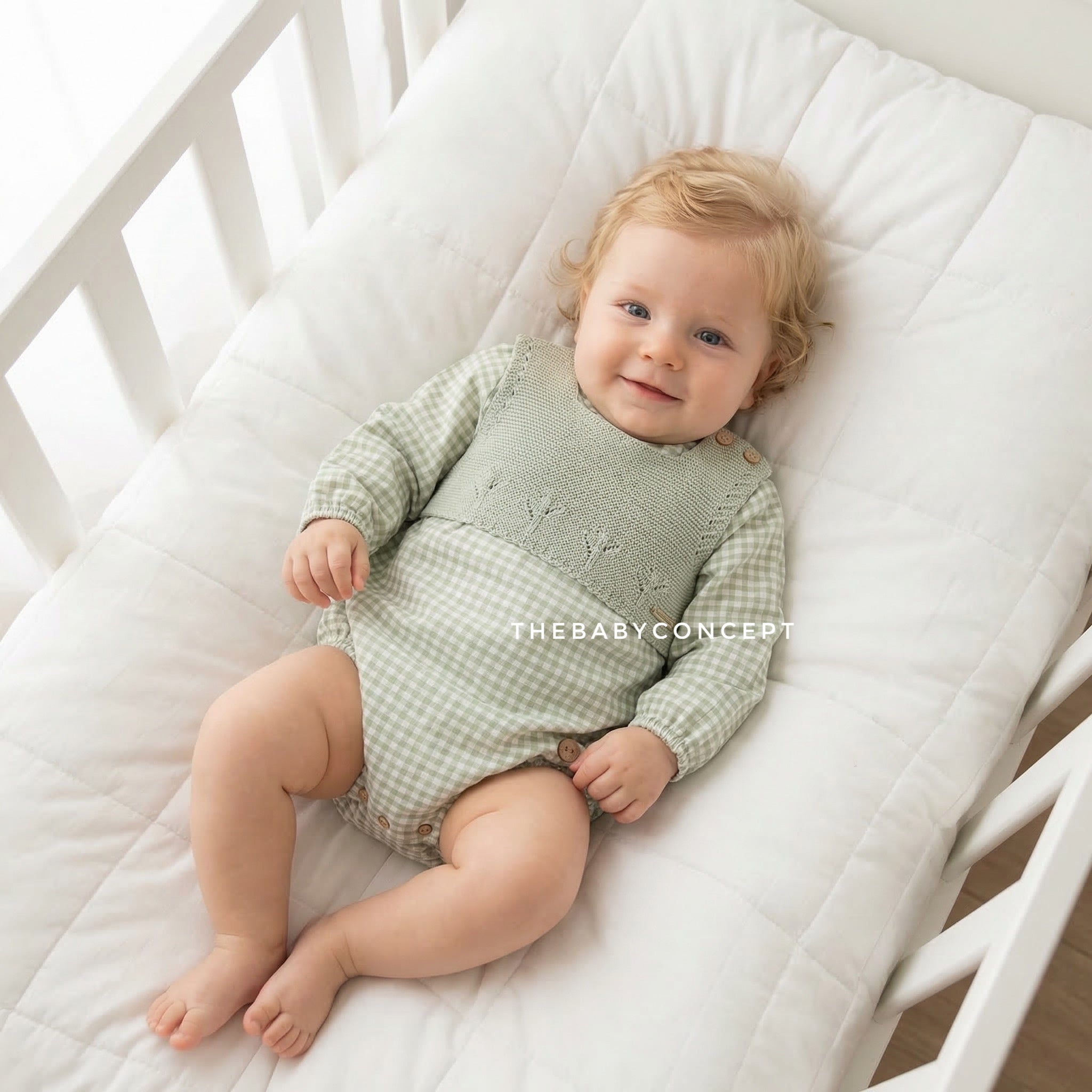 Fofo estampado vichy com colete de malha verde da Pangasa