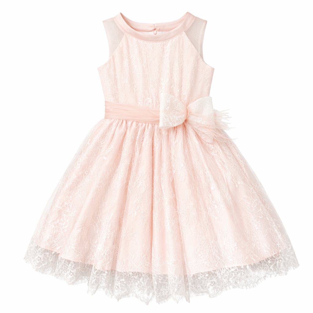 Vestido de cerimónia rosa sobreposto com renda da Miss Leod