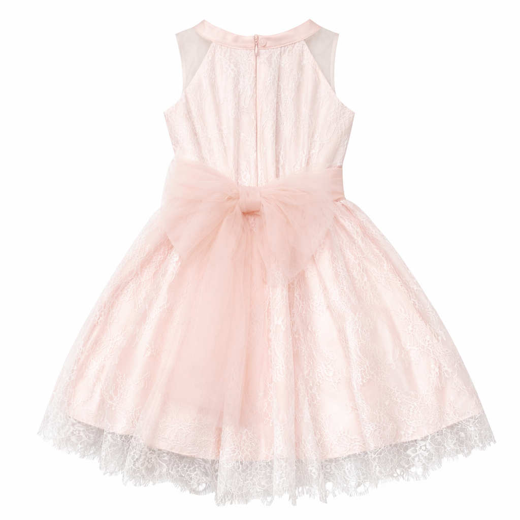 Vestido de cerimónia rosa sobreposto com renda da Miss Leod
