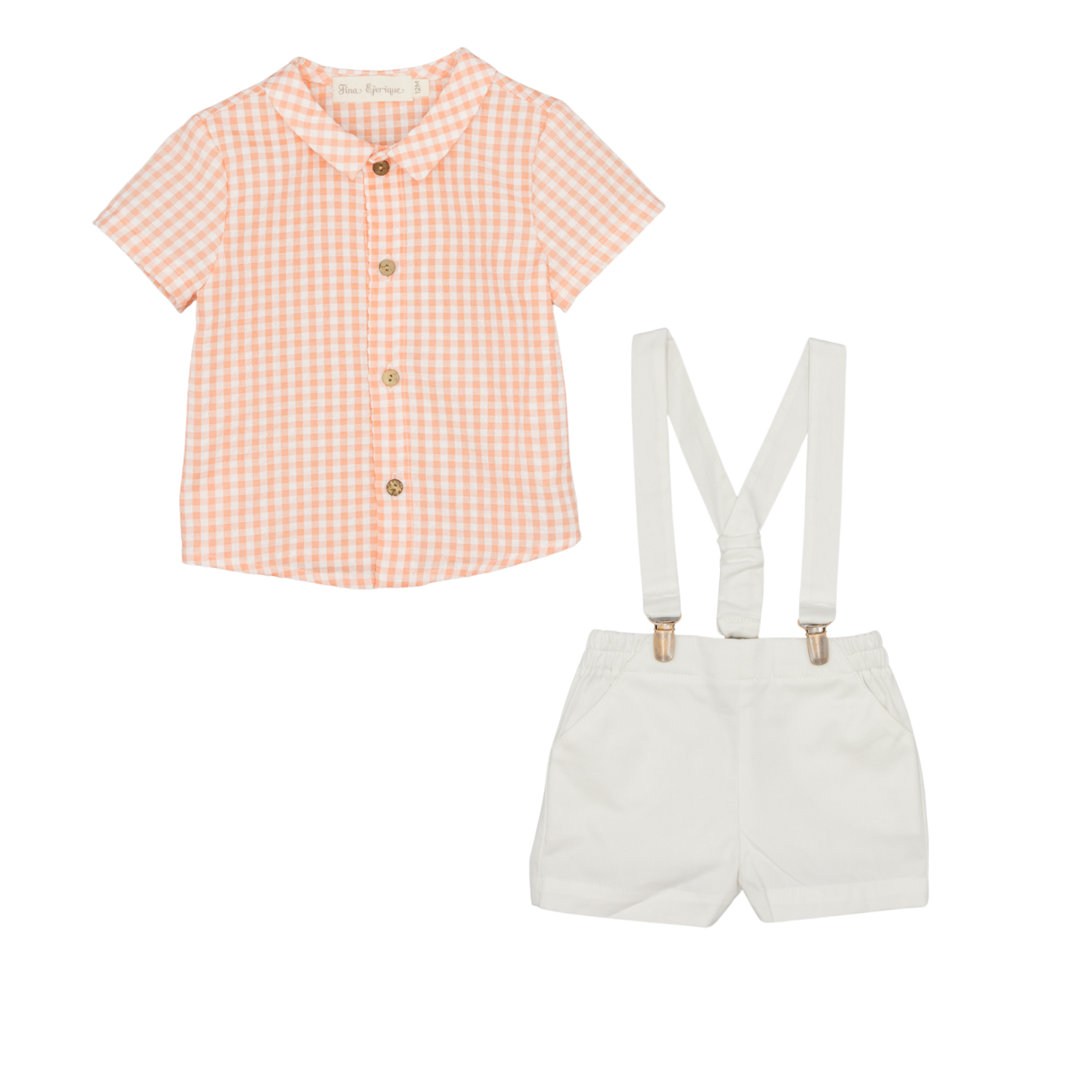 Conjunto camisa xadrez tom salmão e calção com alças em sarga da Fina Ejerique "PINK"