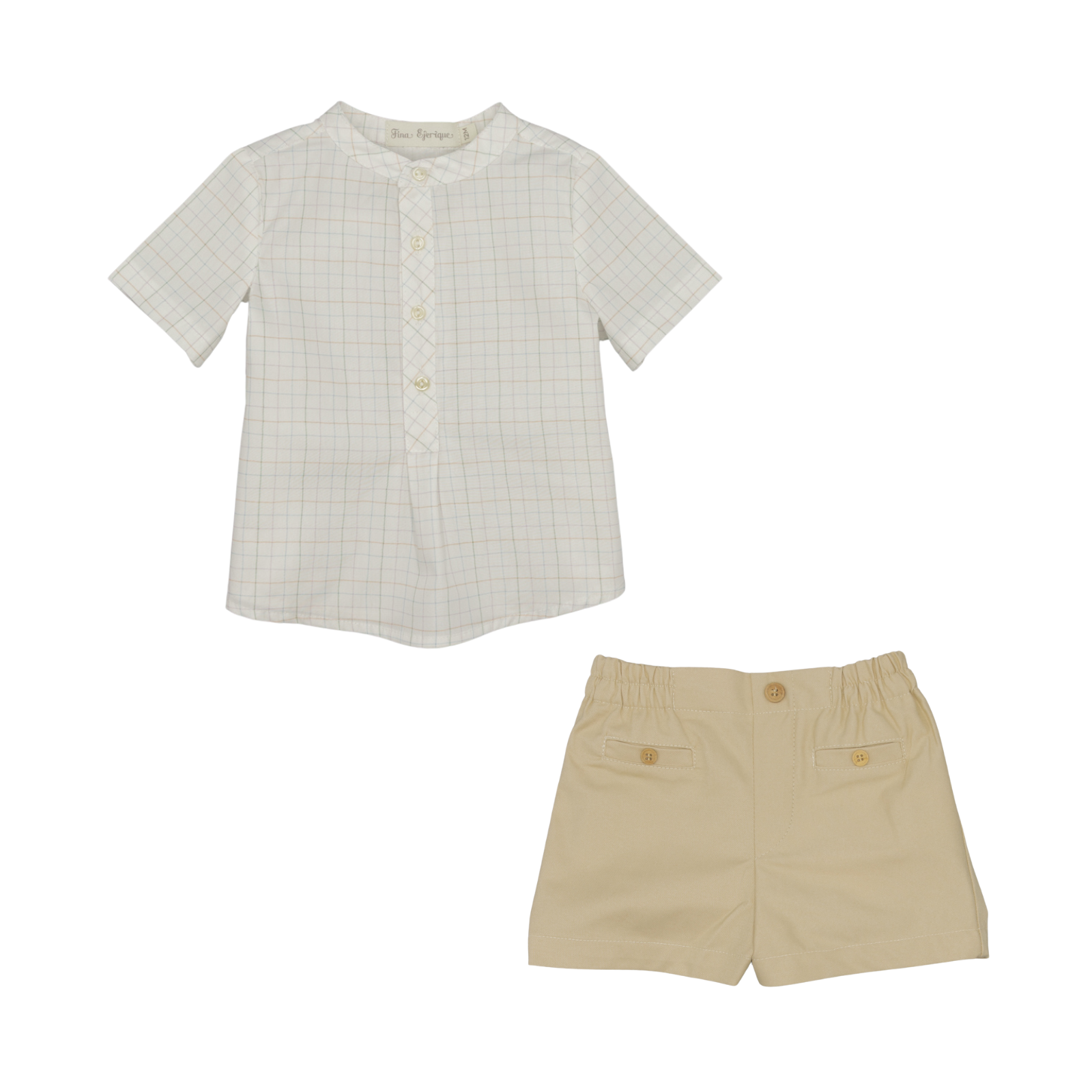 Conjunto camisa quadrados e calção sarga bege da Fina Ejerique "PINK"