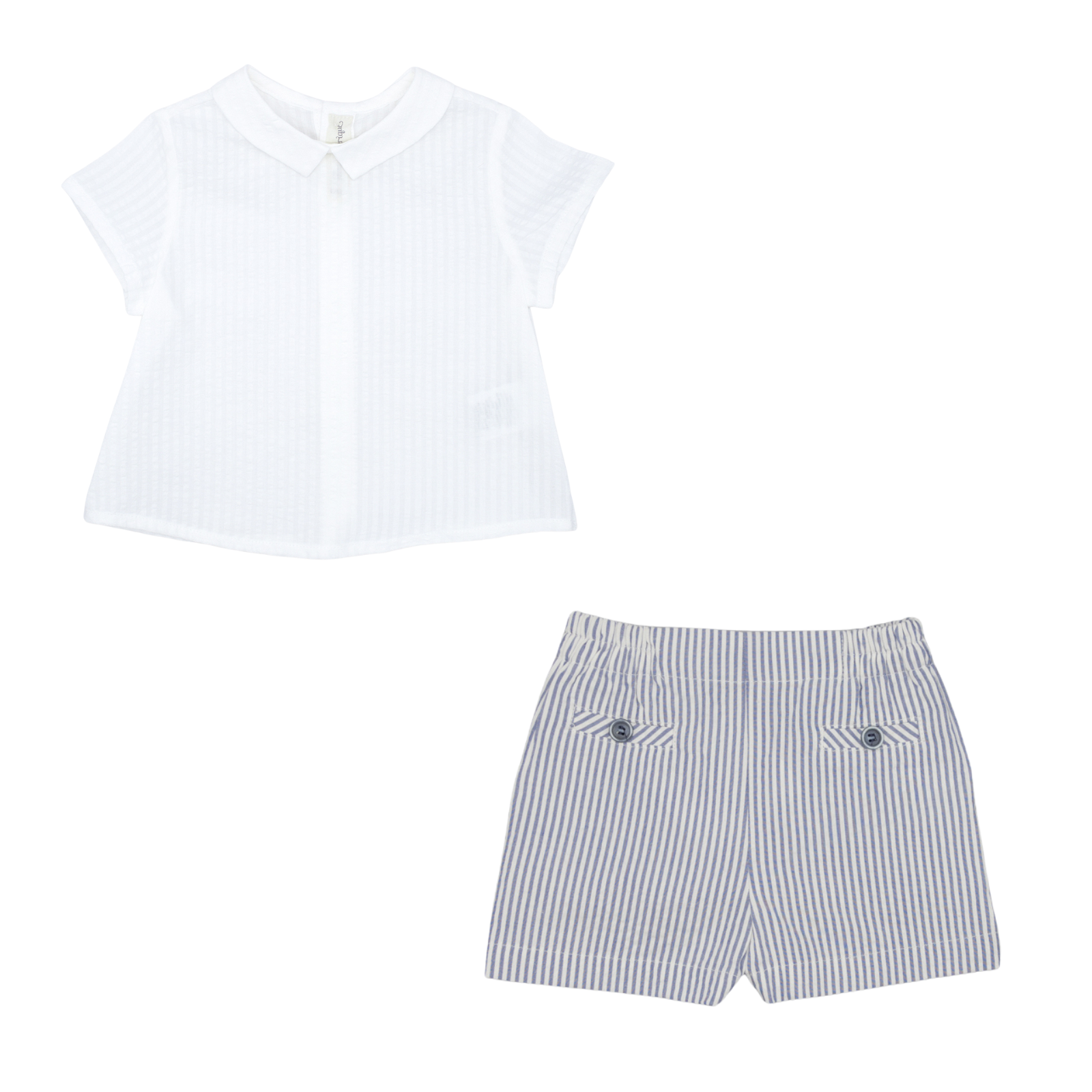 Conjunto camisa branca e calção azul marinho as riscas da Fina Ejerique "NAVY"