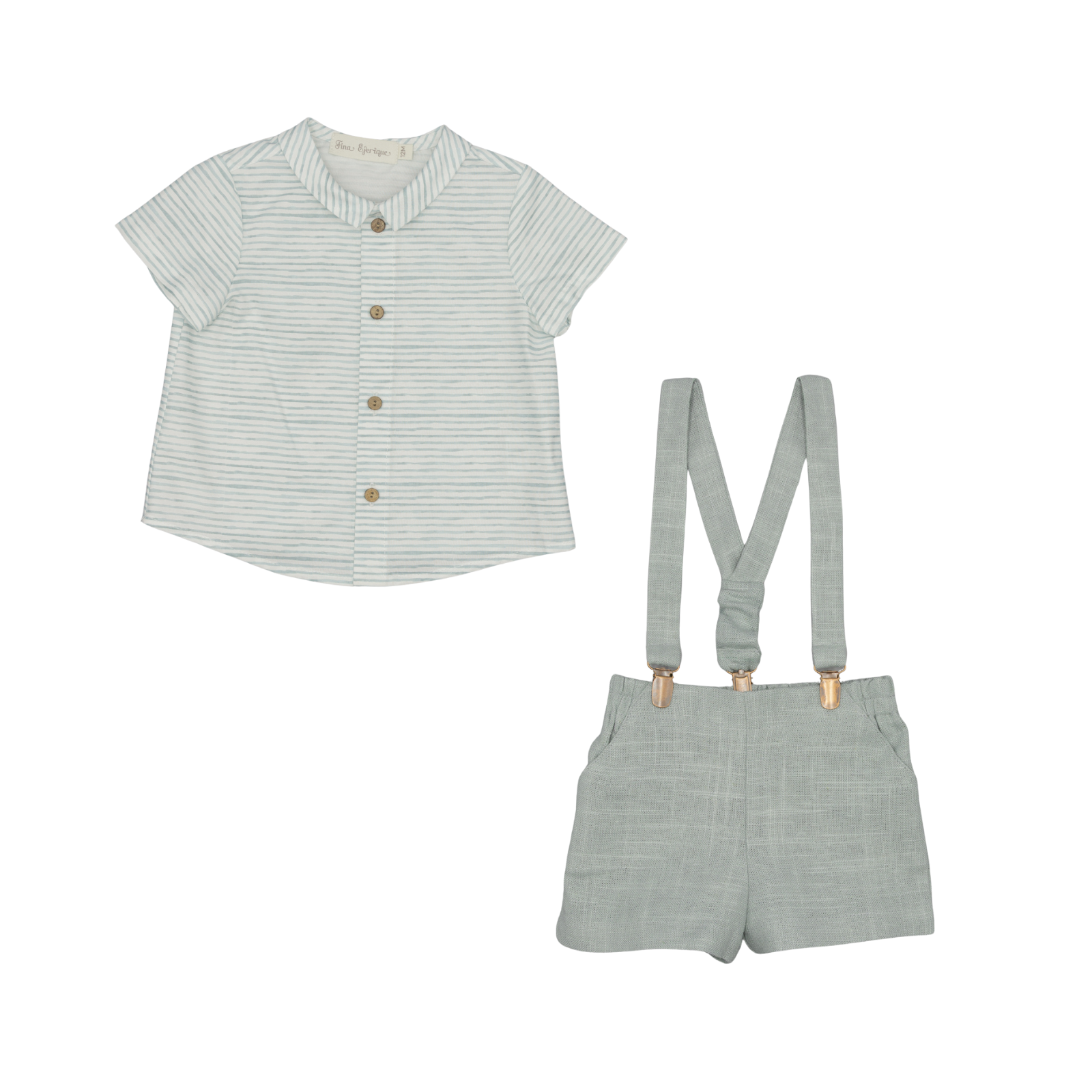 Calção com alças em linho e camisa riscas azuis  da Fina Ejerique "BLUE"