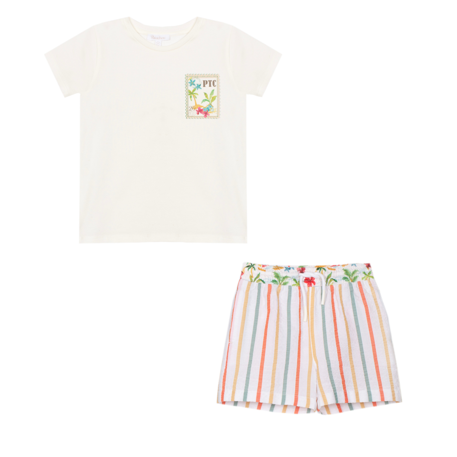 Conjunto camisola branca e calção as riscas multicolor da Patachou "Swimwear"