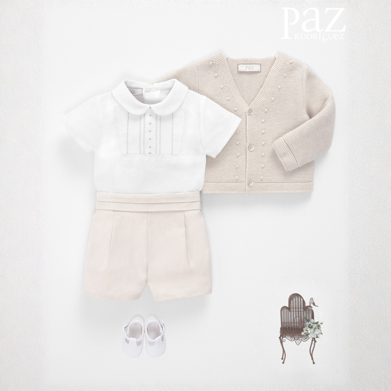 Conjunto cerimónia camisa branca e calção bege da Paz Rodriguez "Nectar"