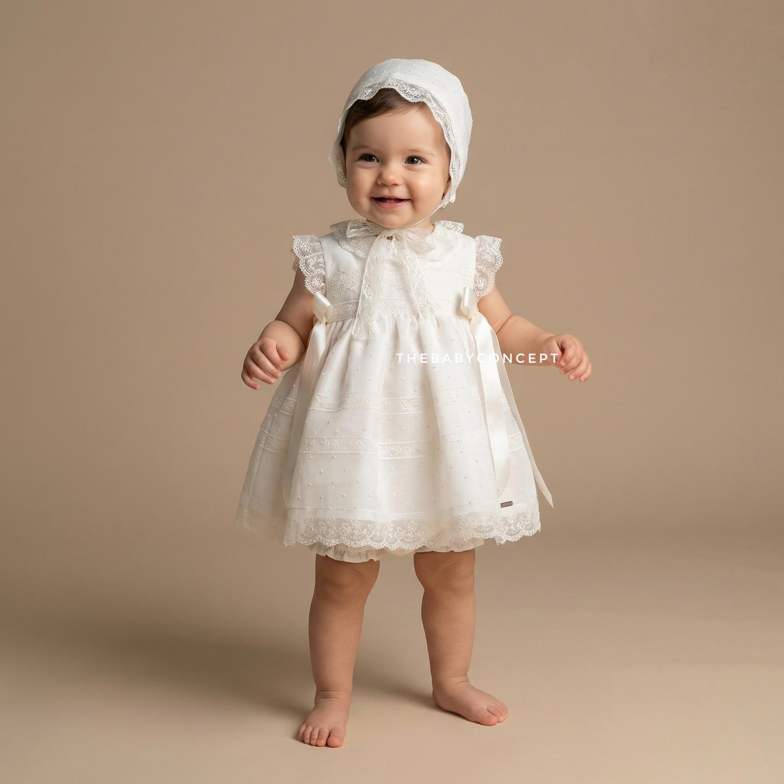 Vestido com tapa fralda e touca para cerimonia em organza plumeti e renda da Niseret