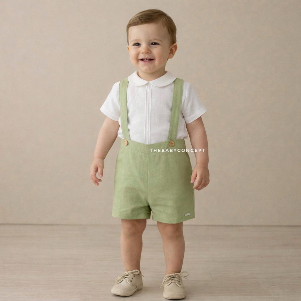 Conjunto blusa e calção de linho verde pistachio com alça da Niseret