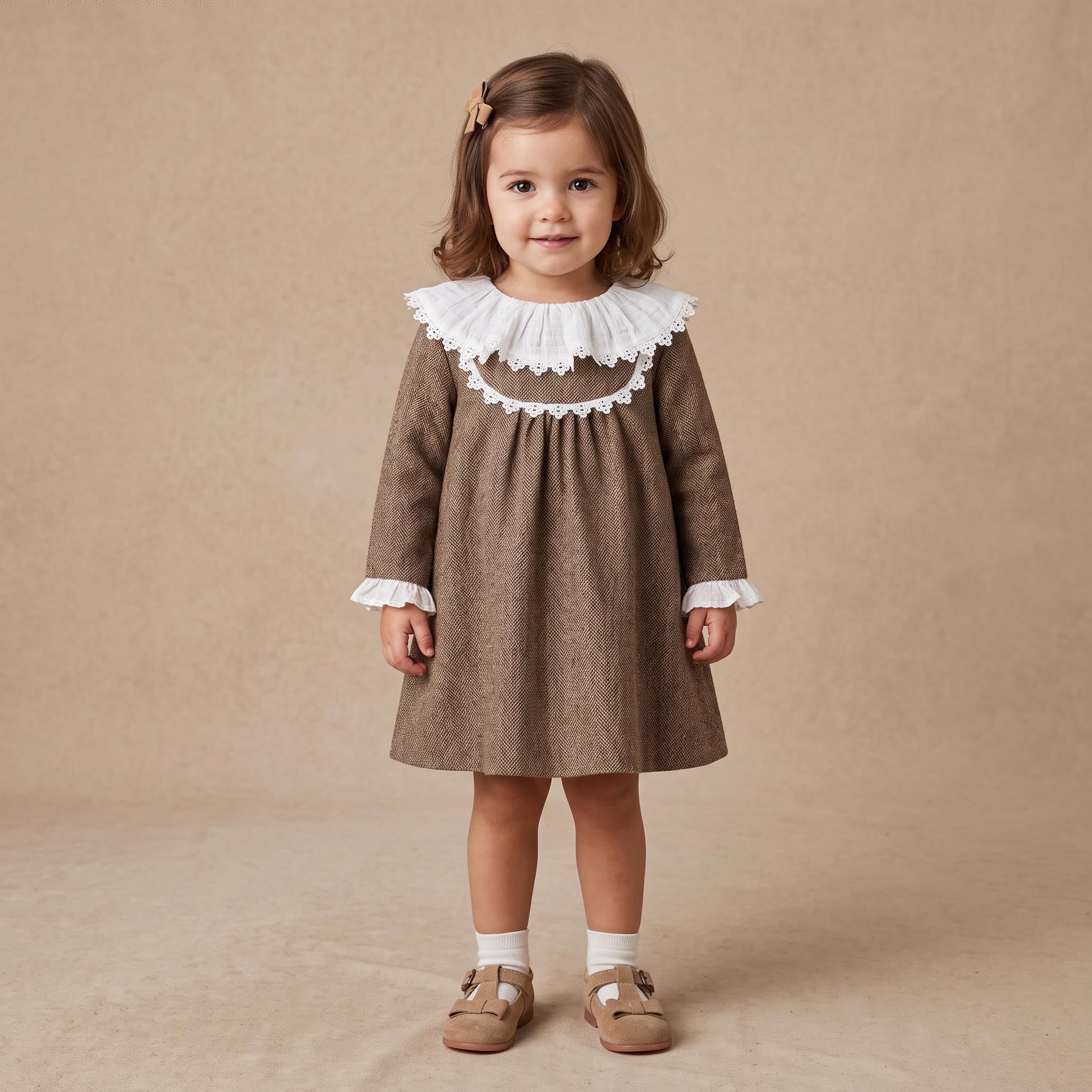 Vestido com mangas em espinha de peixe e babados menina da Fina Ejerique " Jade oak"