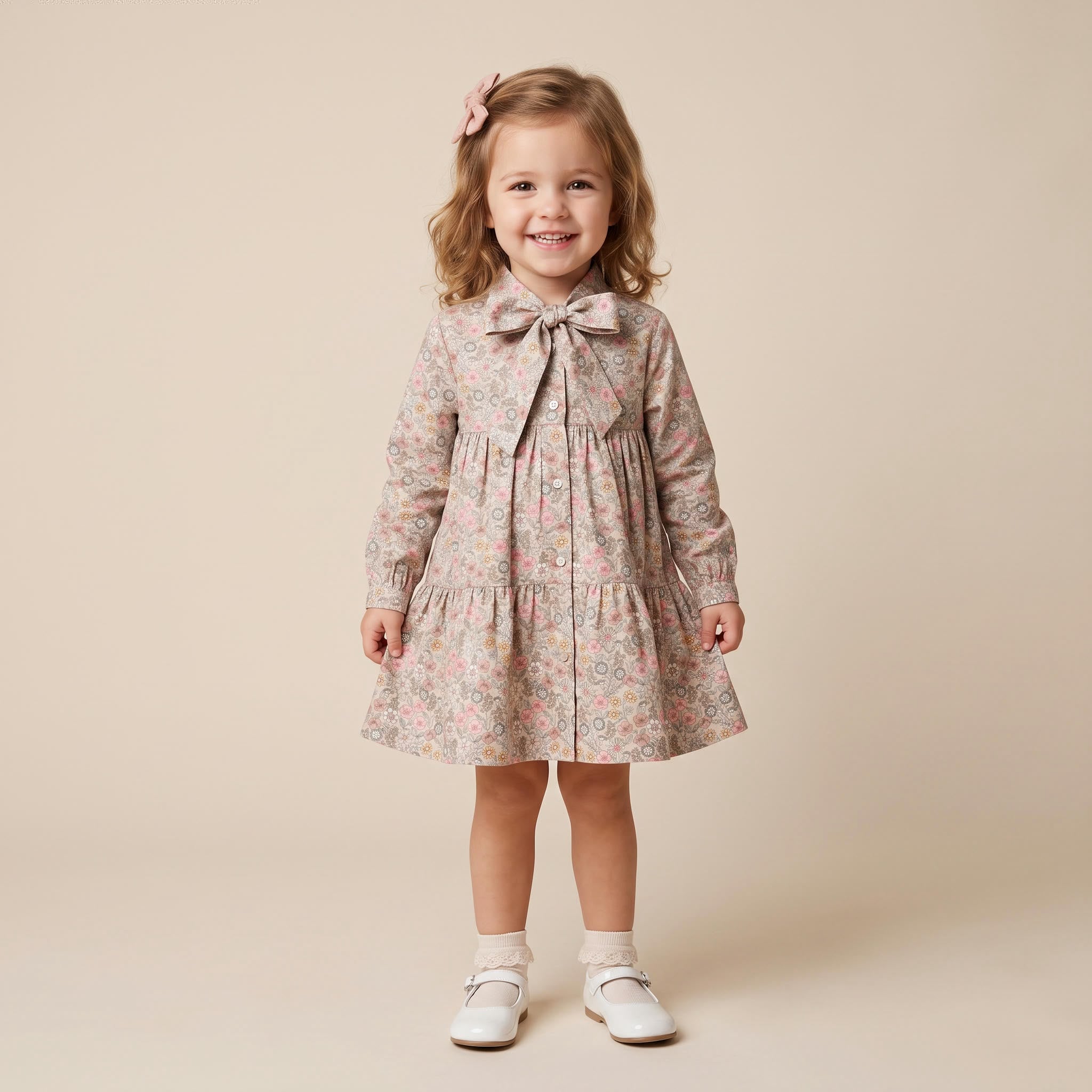 Vestido bege com estampa floral, babados e laço no pescoço da Fina Ejerique "Jade oak"