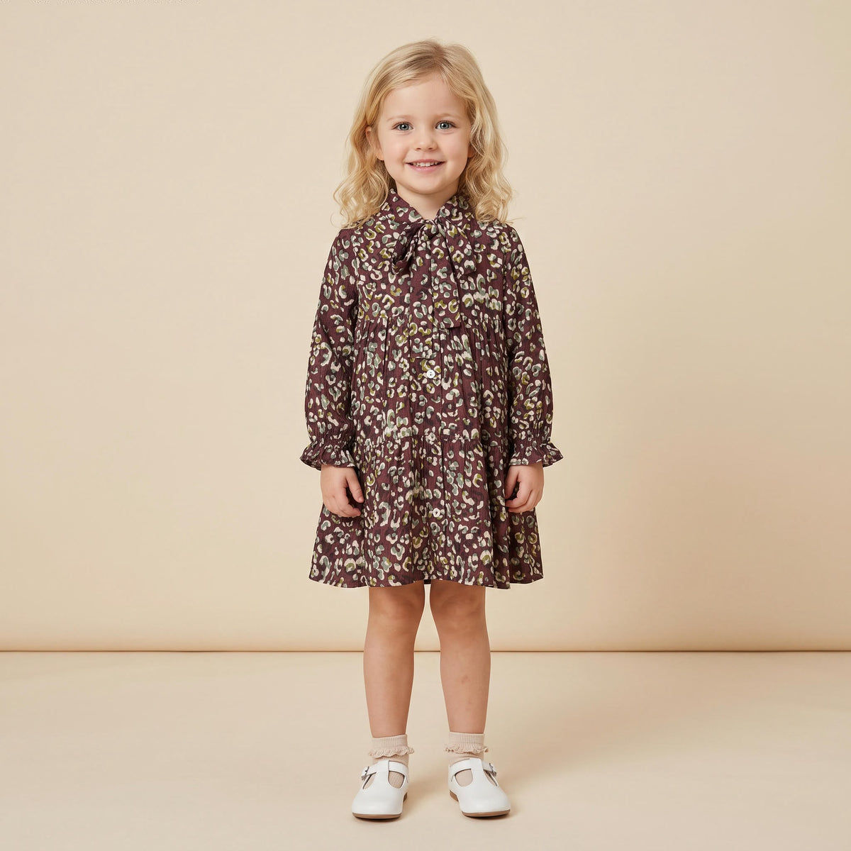 Vestido bordô estampado com laço no pescoço para menina da Fina Ejerique "Burgundy"