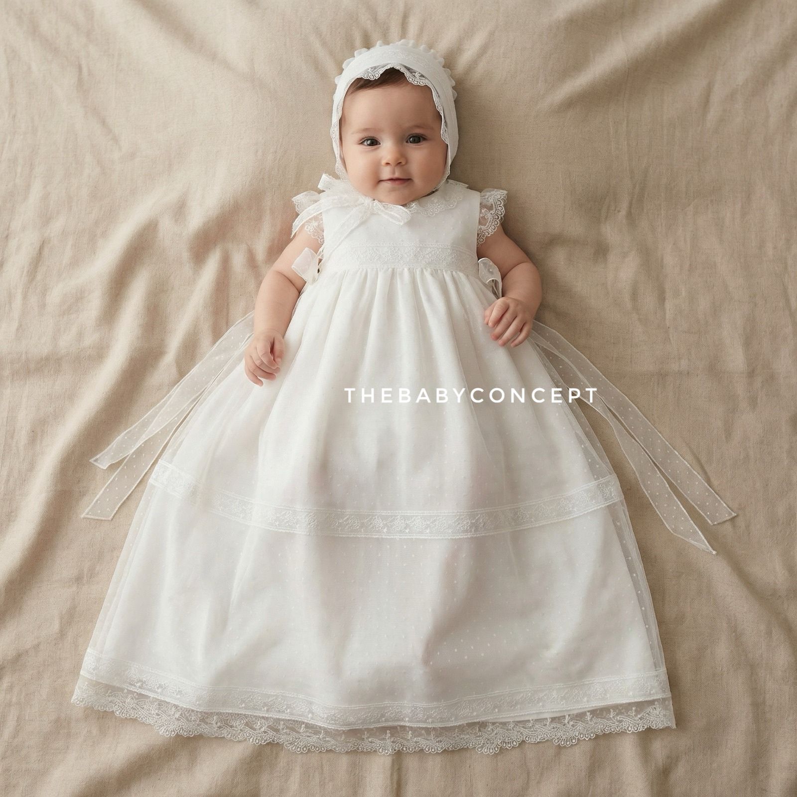 Fraldão pérola de cerimonia com pontinhos e renda da Niseret