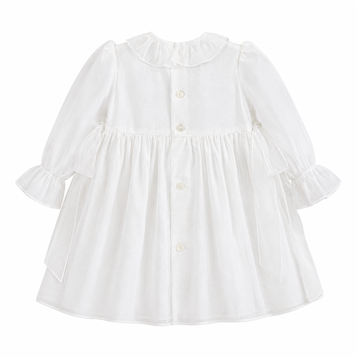 Vestido com tapa fralda e touca com detalhe bege de cerimónia da Niseret