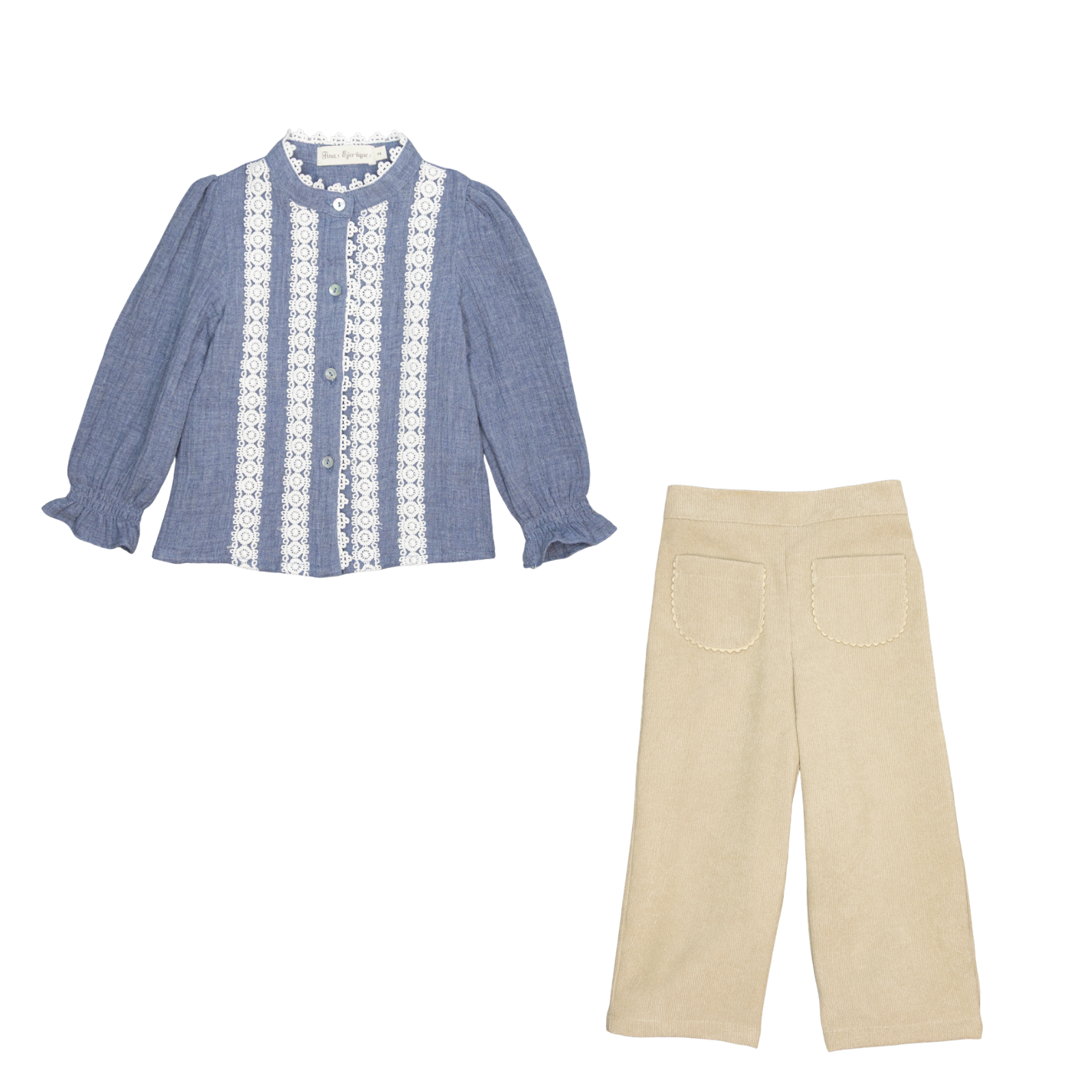 Conjunto blusa azul com bordado e calça de veludo para menina Fina Ejerique "BLUE"
