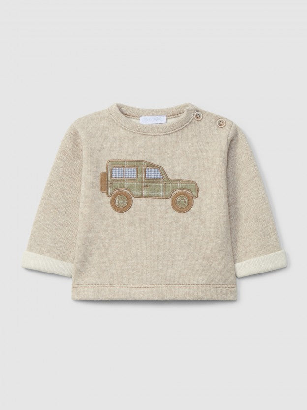 Conjunto camisola bege com carrinho e calça de malha da Laranjinha