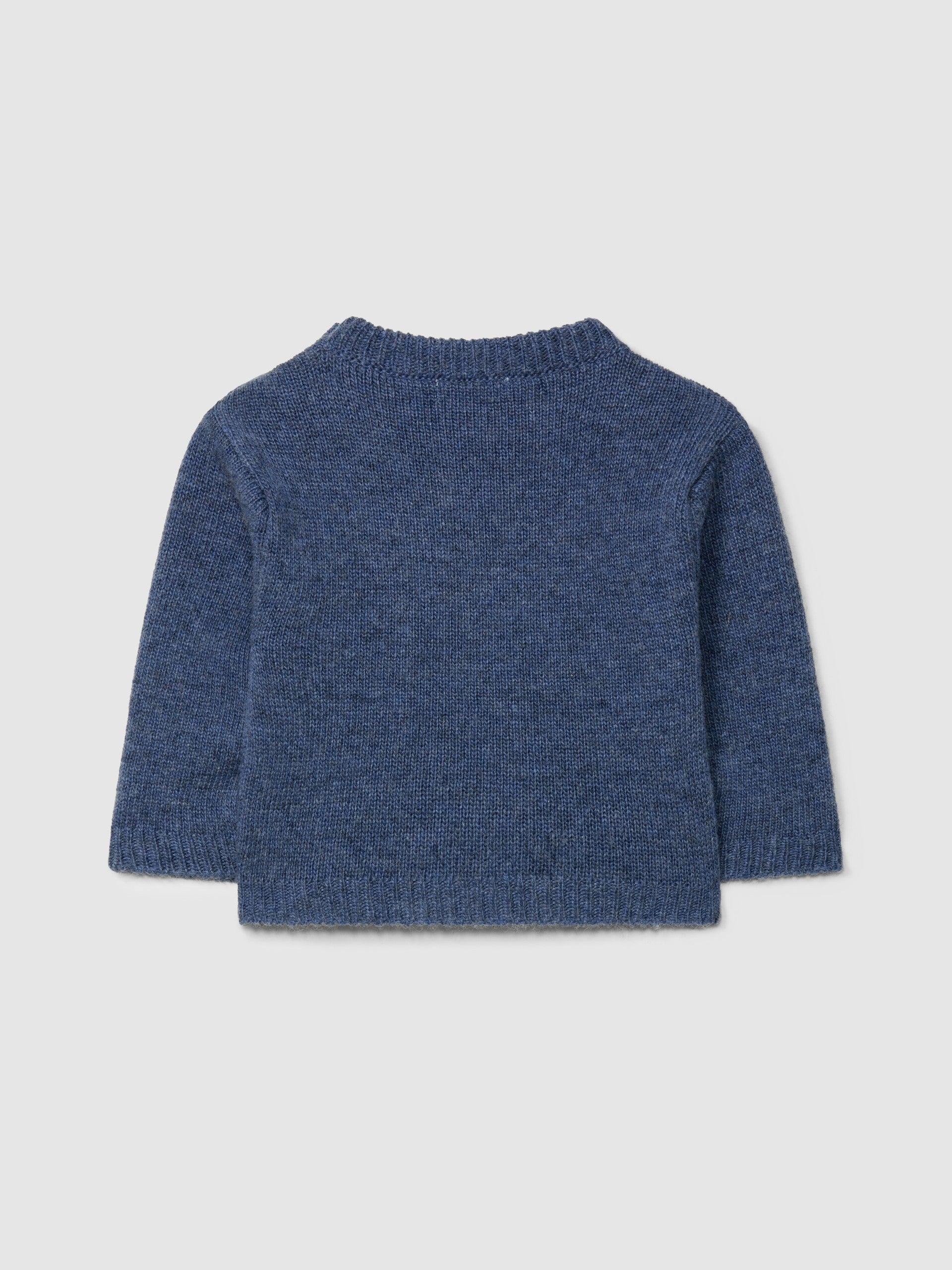 Camisola azul tricotada com intarsia figurativa da Laranjinha