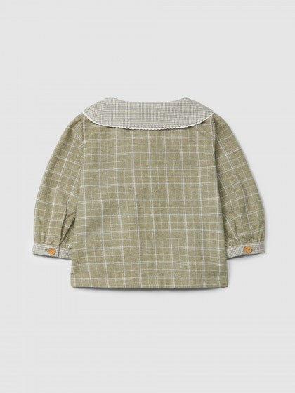 Blusa xadrez e micro-vichy verde caqui da Laranjinha