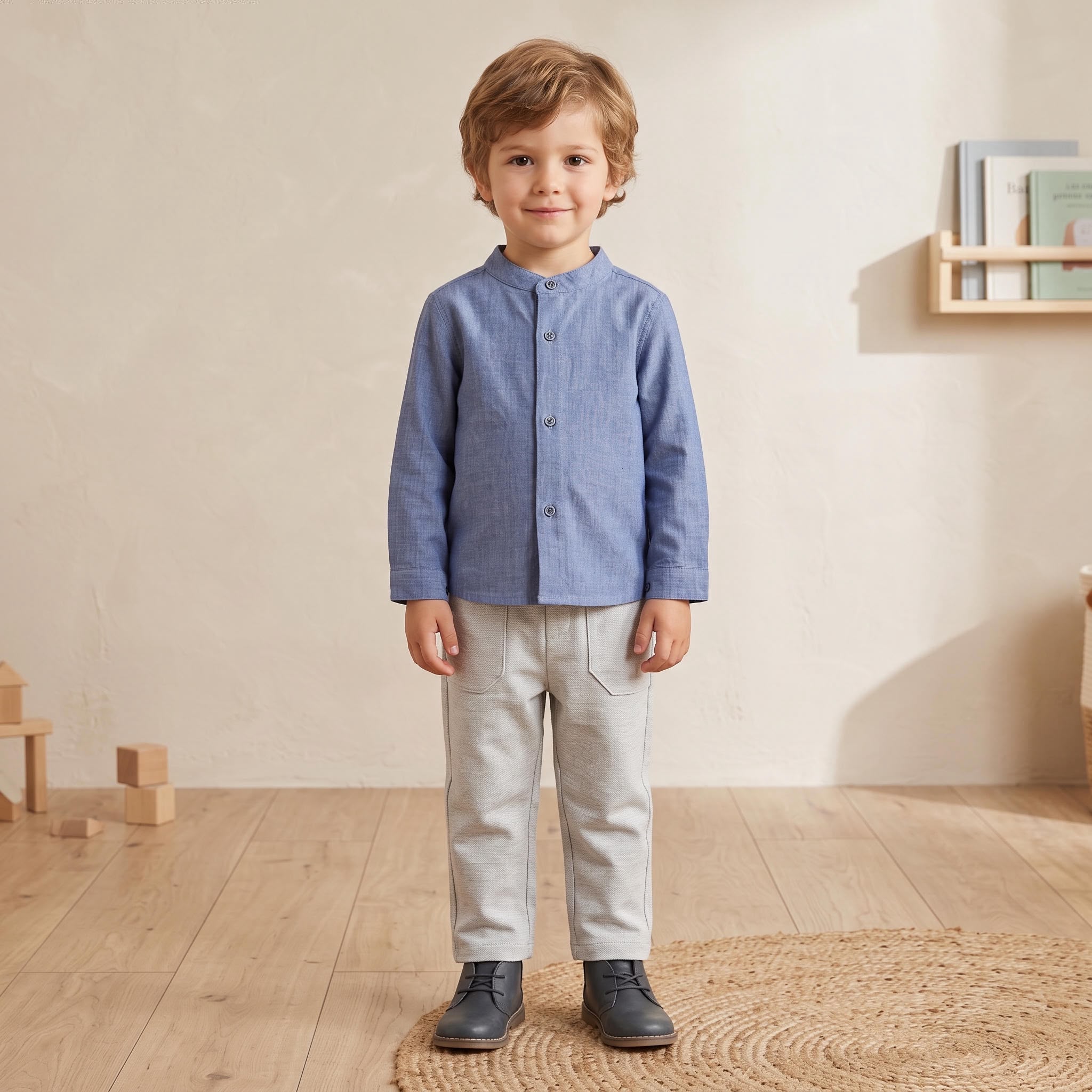 Conjunto menino camisa azul e calça cinza da Fina Ejerique "BLUE"