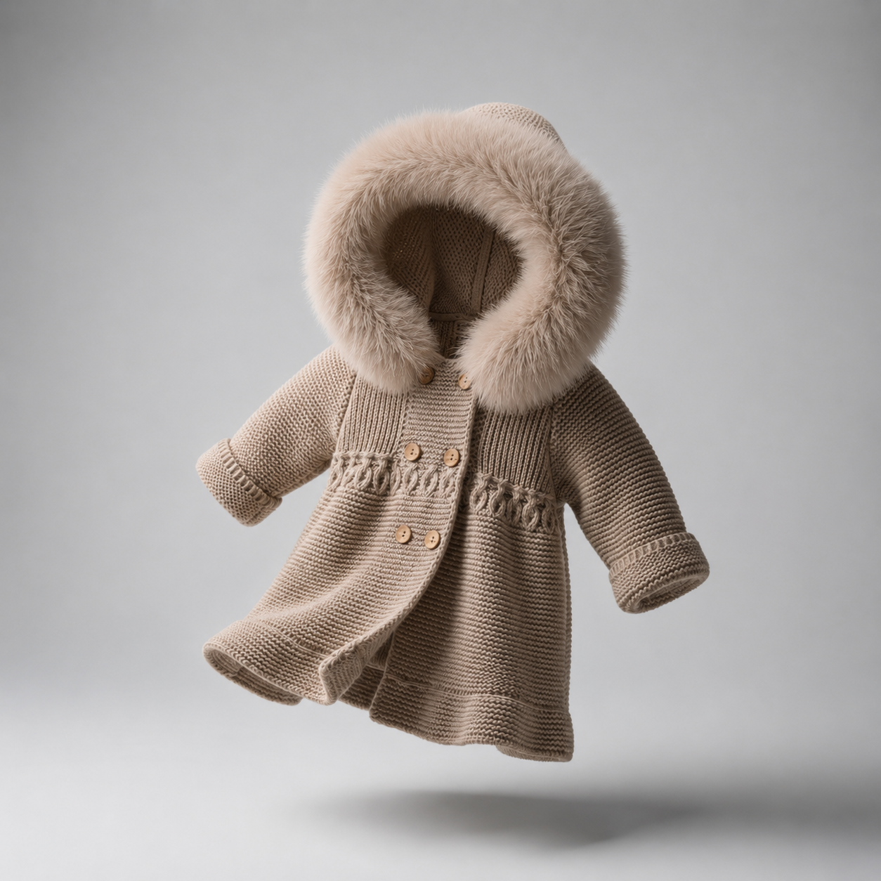 Abrigo em malha camel para bebé menina com pelo da Pangasa "Luxury Camel"
