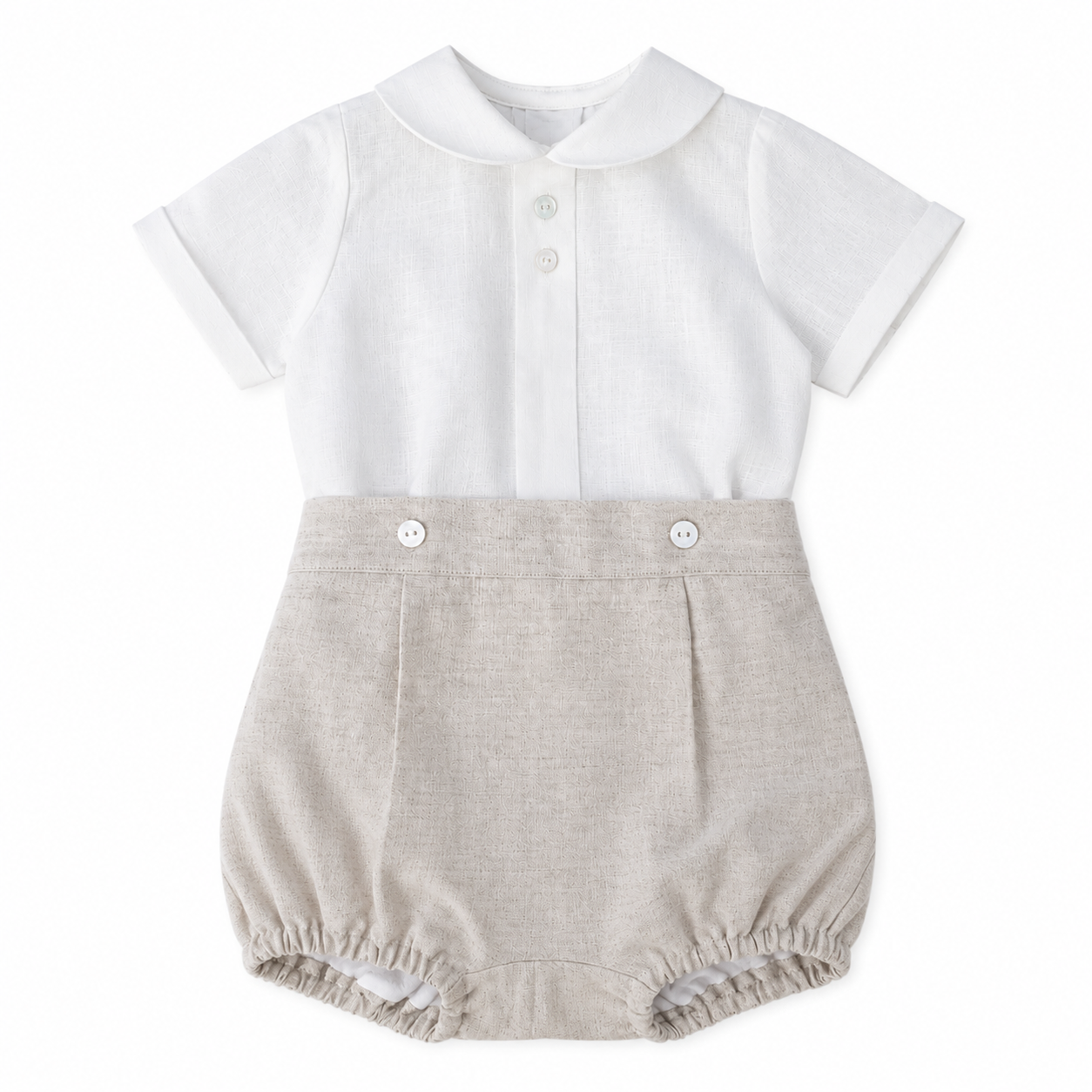 Conjunto blusa com botões e calção bege de linho "The Baby Concept"