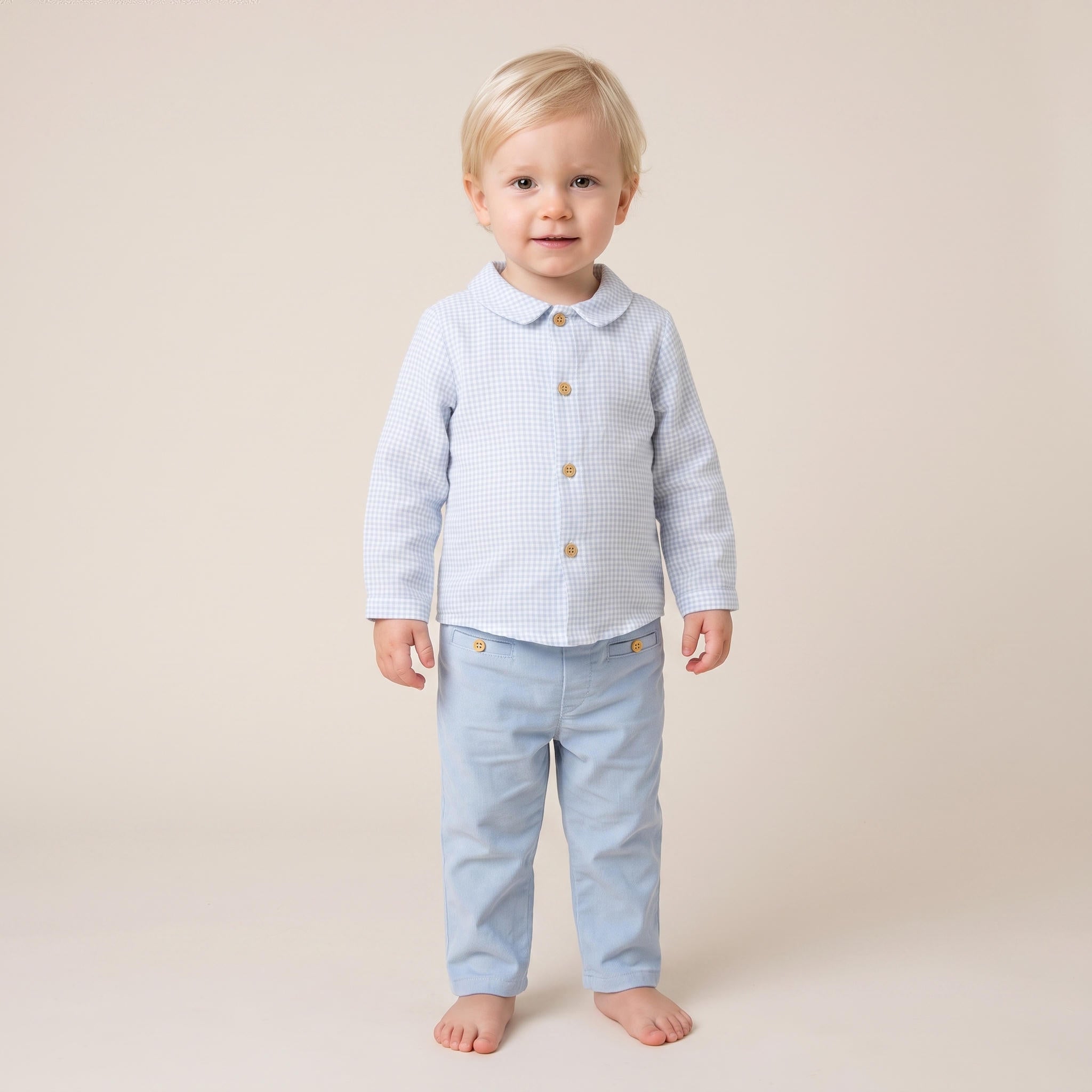 Conjunto camisa xadrez azul e calça em bombazine azul "Blue"