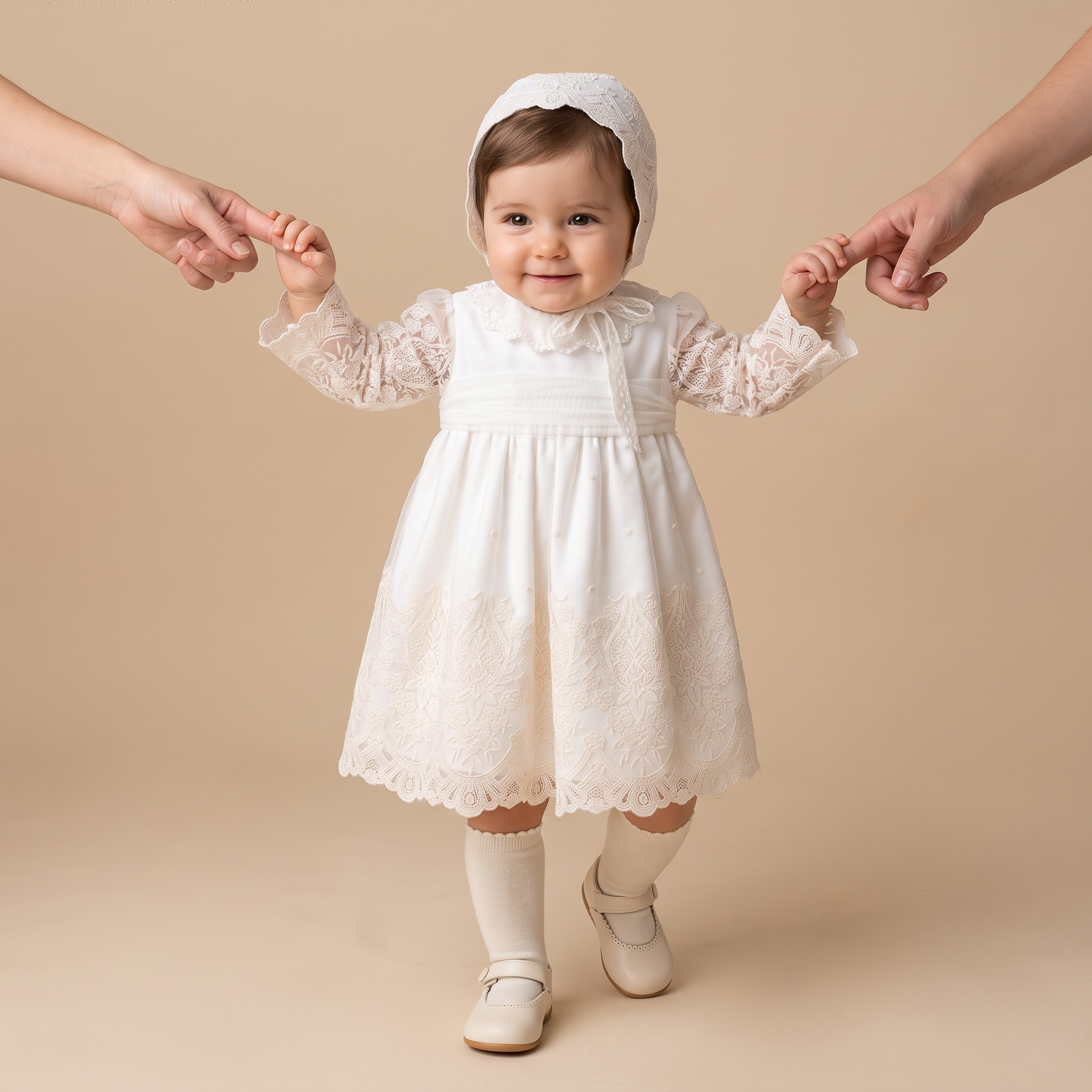 Vestido com tapa fralda e touca de cerimónia da Niseret